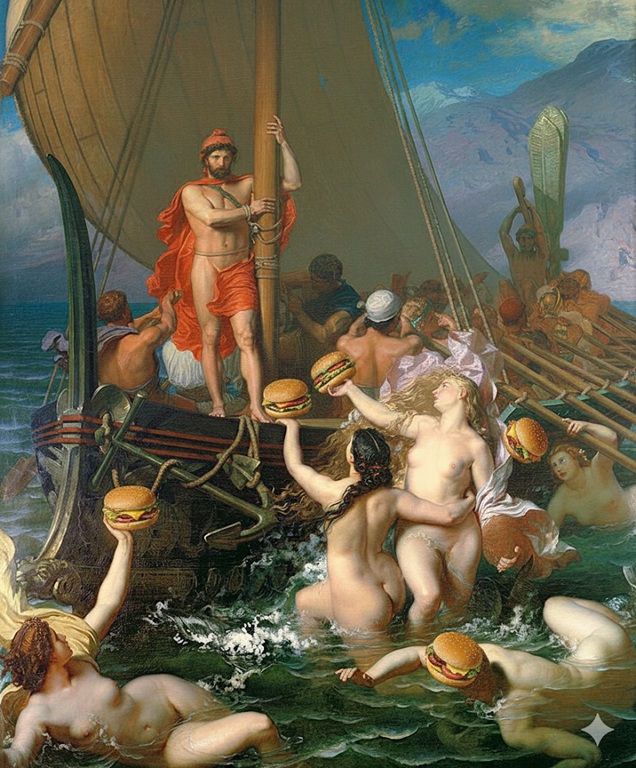 Sirens tempting Odysseus with fast food, with all due reverence to the original 1867 painting Ulysse et Les Sirènes by Léon Belly